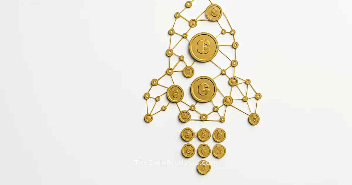 Abstract rocket silhouette composed of gold coins and blockchain nodes ascending on a white background.