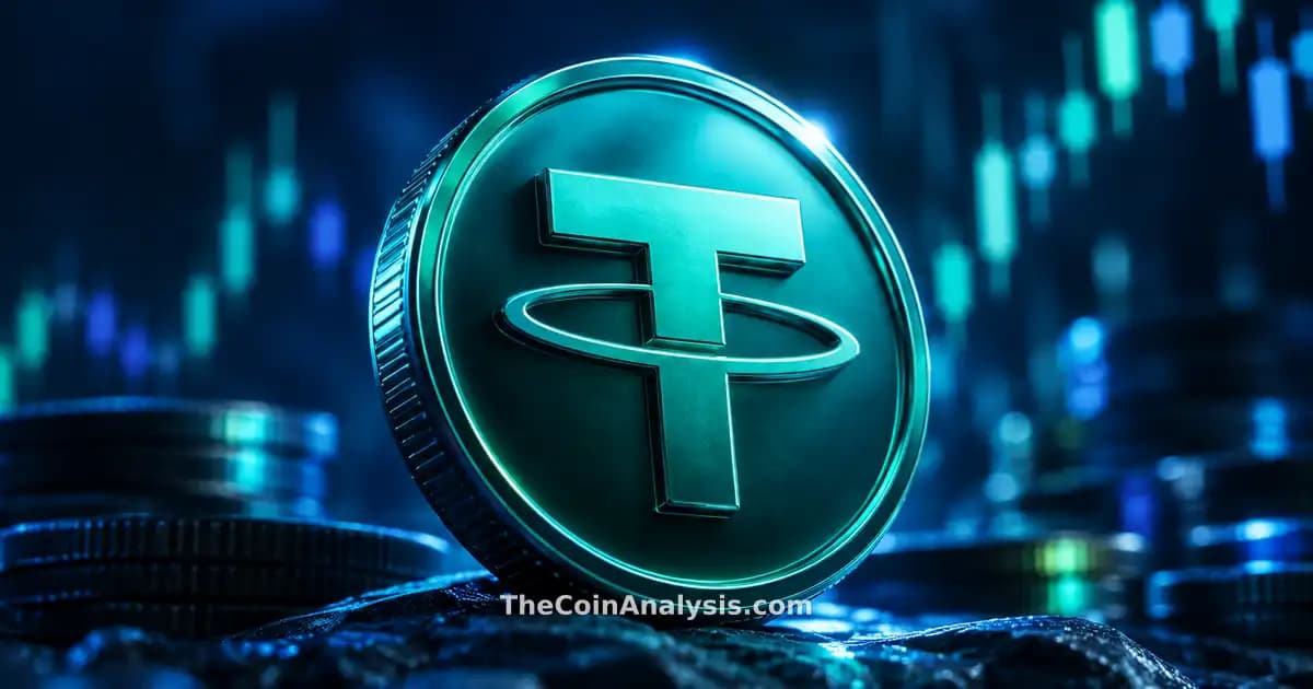 3D glossy Tether ($USDT) token glowing with sharp rim light against dark background with faint market candles