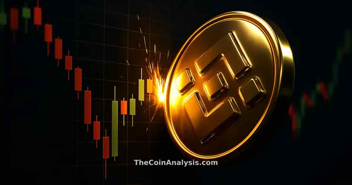 3D glossy gold coin colliding with a dramatic candlestick chart under cinematic lighting and deep shadows