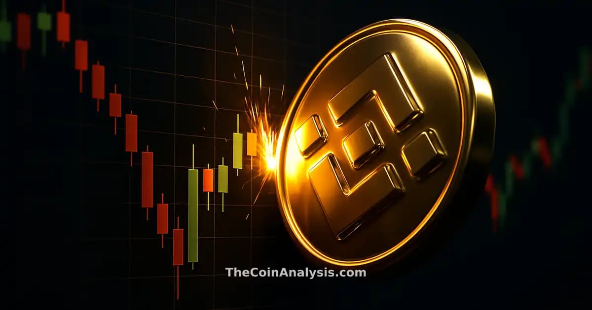 3D glossy gold coin colliding with a dramatic candlestick chart under cinematic lighting and deep shadows
