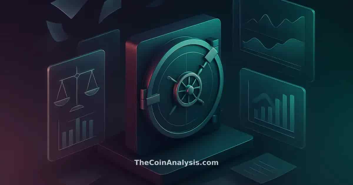 Isometric digital vault door with floating frosted-glass panels, holographic scales, gavel, and swirling documents.