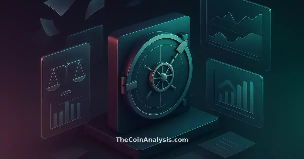 Isometric digital vault door with floating frosted-glass panels, holographic scales, gavel, and swirling documents.