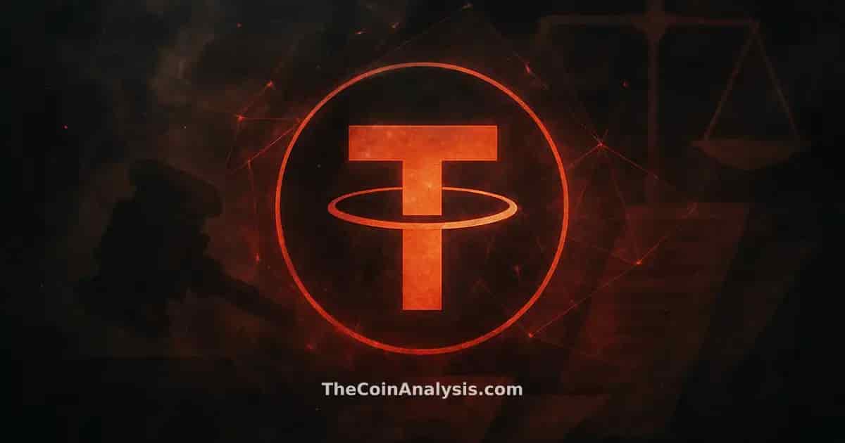 Stylized Tether symbol with abstract gavel, scales of justice, and fragmented documents in smoky crimson background