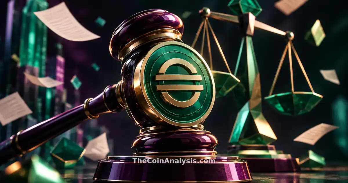 Stylized judge’s gavel merging with digital stablecoin token, flanked by geometric scales and floating documents