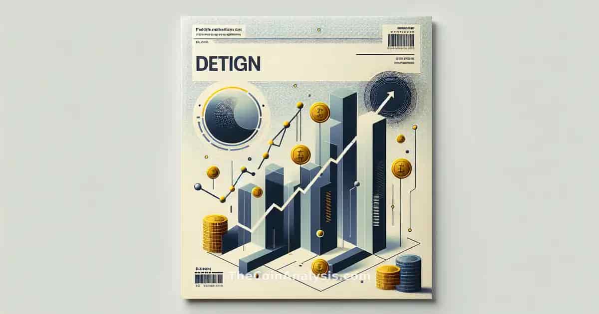 Abstract rising graph with bold golden coin shapes and subtle digital textures symbolizing market growth.