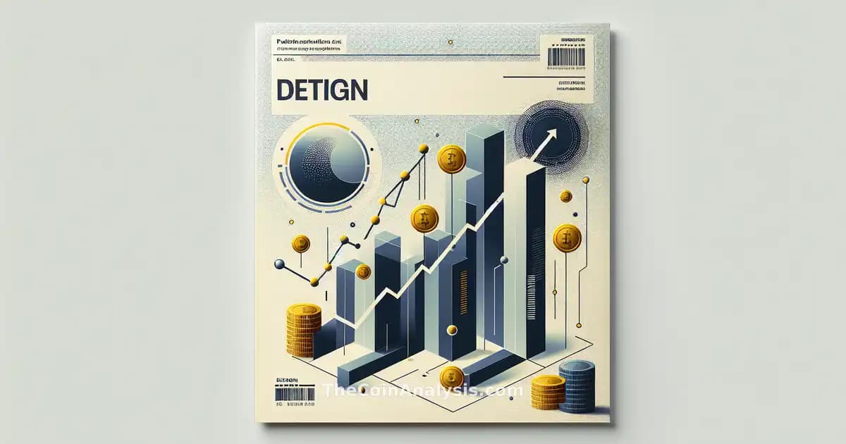 Abstract rising graph with bold golden coin shapes and subtle digital textures symbolizing market growth.