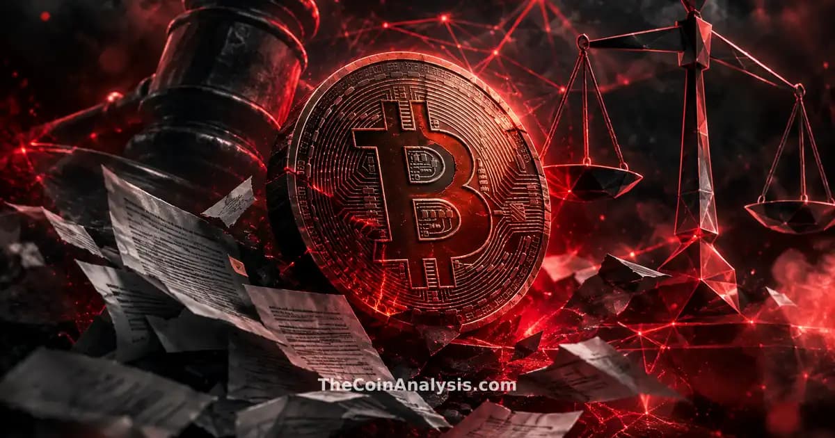 Stylized glowing Bitcoin symbol amid fragmented legal papers, abstract gavel silhouette, and geometric scales of justice.