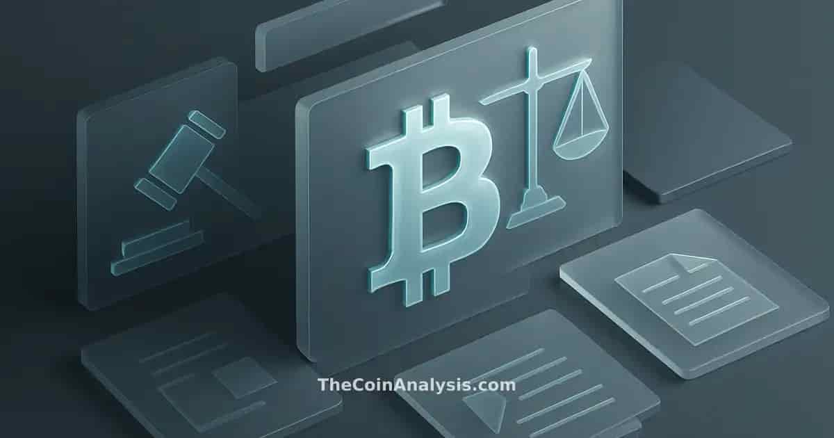 Isometric digital art of a stylized Bitcoin symbol with floating frosted glass panels, scales of justice, and gavel accents.