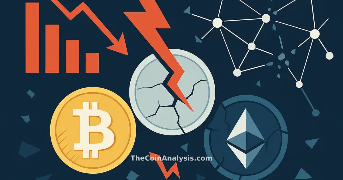 Abstract infographic with digital coins, falling charts, and broken network nodes illustrating a crypto breach.