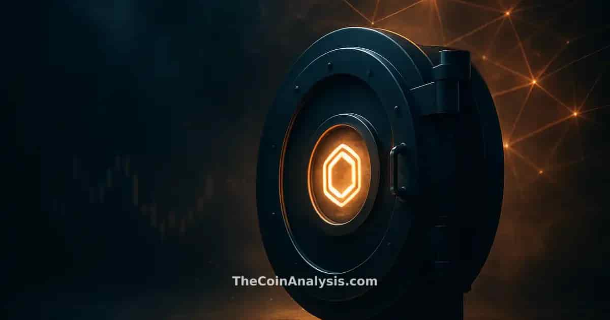 Stylized institutional vault door ajar revealing glowing token glyph, with smoky light and market candles in background
