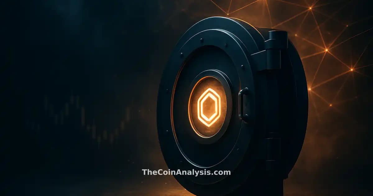 Stylized institutional vault door ajar revealing glowing token glyph, with smoky light and market candles in background
