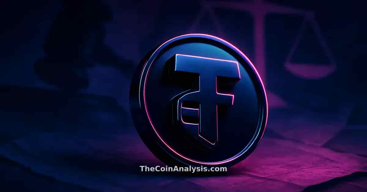 3D glossy TRUMP crypto symbol with abstract gavel and scales of justice in midnight blue and magenta tones