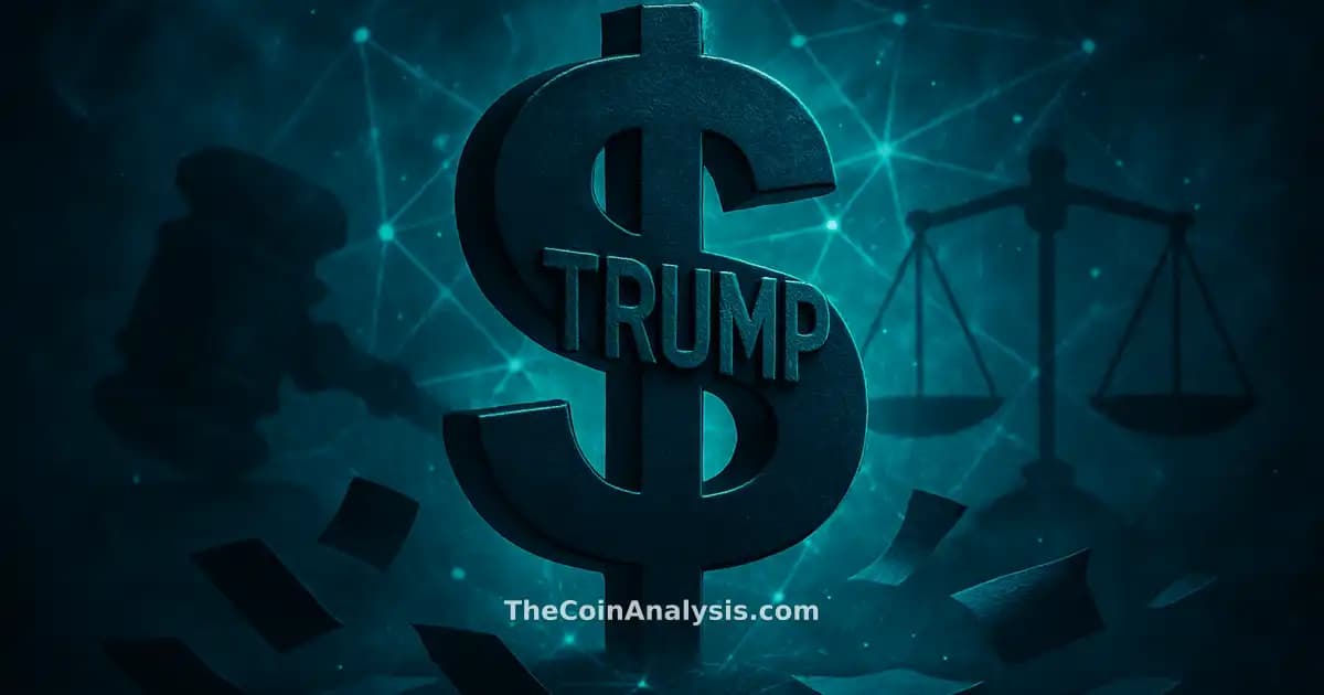 Stylized $TRUMP symbol glowing amid abstract gavel, geometric justice scales, and floating document fragments in teal smoke