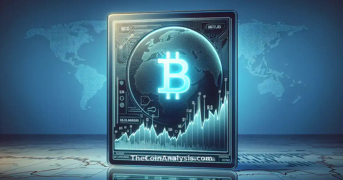 Glassmorphic card with glowing Bitcoin symbol overlaid on rising financial charts and a subtle world map background
