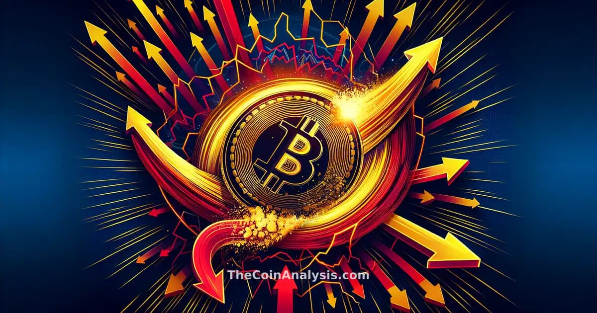 Graphique abstrait d’une pièce d’or Bitcoin s’effondrant avec des flèches rouges descendantes sur fond sombre.