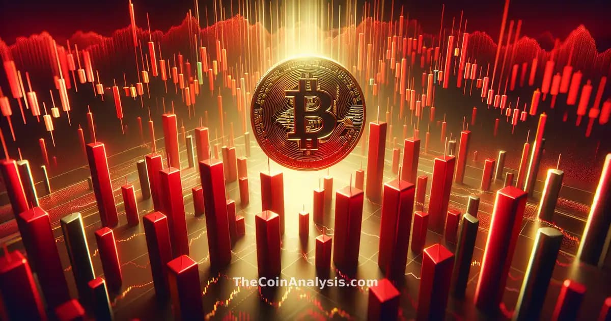 3D Bitcoin coin falling against red candlestick charts with dramatic lighting highlighting market tension.