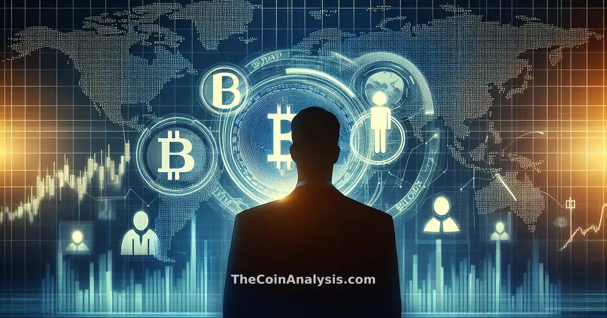 Scène de journal télévisé avec silhouettes de Trump, symboles Bitcoin numériques et graphiques financiers mondiaux fluctuants