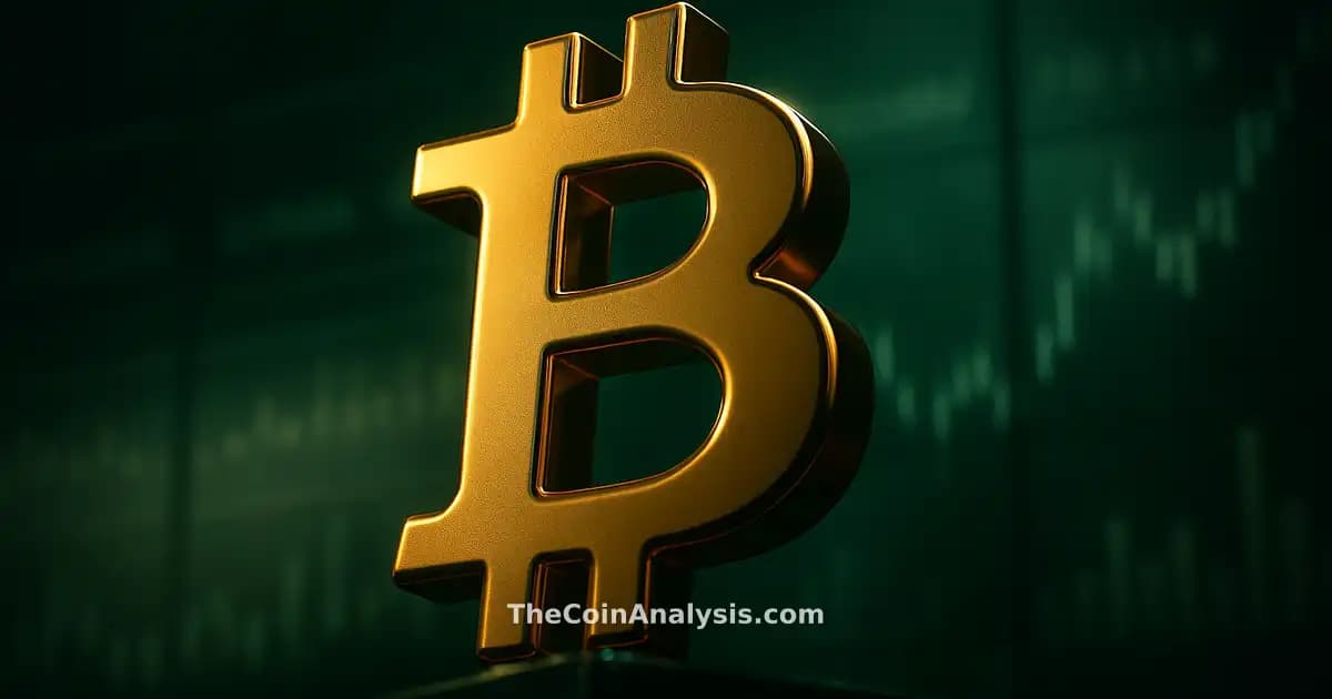Symbole Bitcoin 3D brillant en or sur fond vert forêt, avec silhouettes floues de graphiques boursiers.
