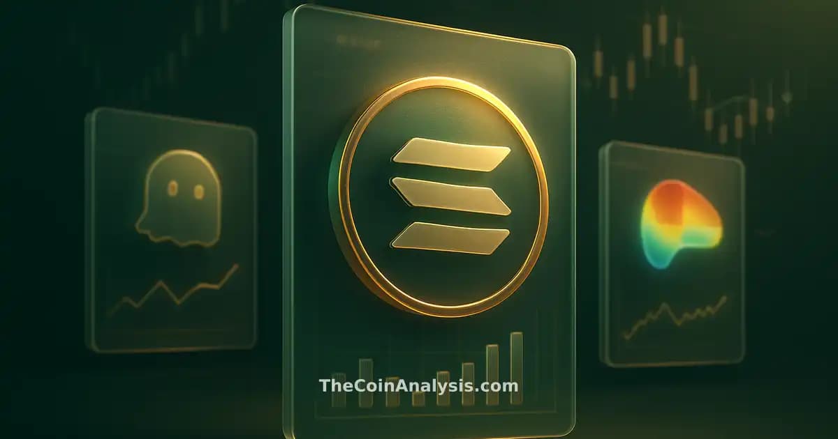 Isometric data visualization with glowing frosted-glass Solana token, Aave and Curve motifs, and market candles.