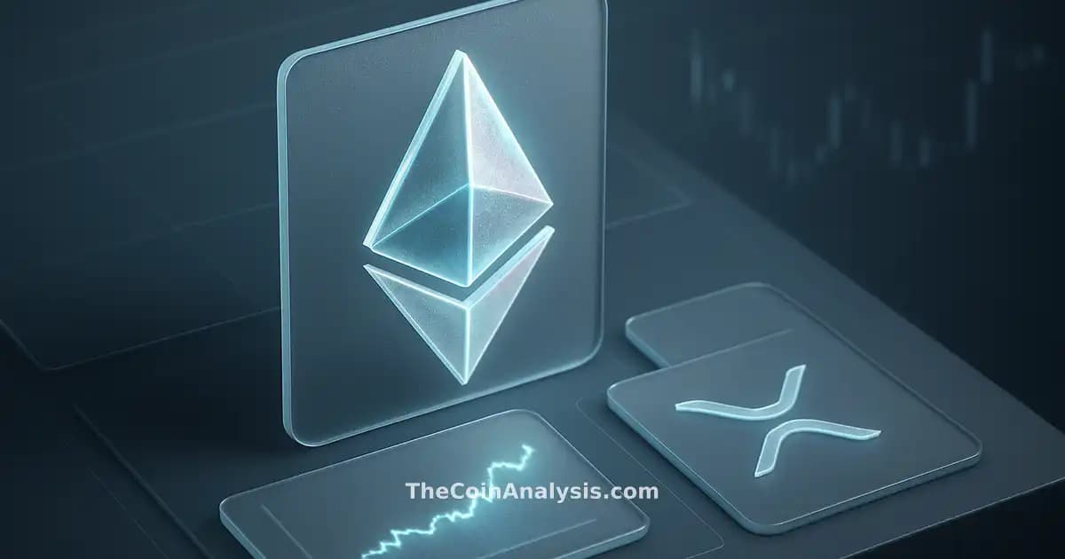 Isometric fintech dashboard with frosted-glass Ethereum symbol and subtle XRP token amid holographic data panels