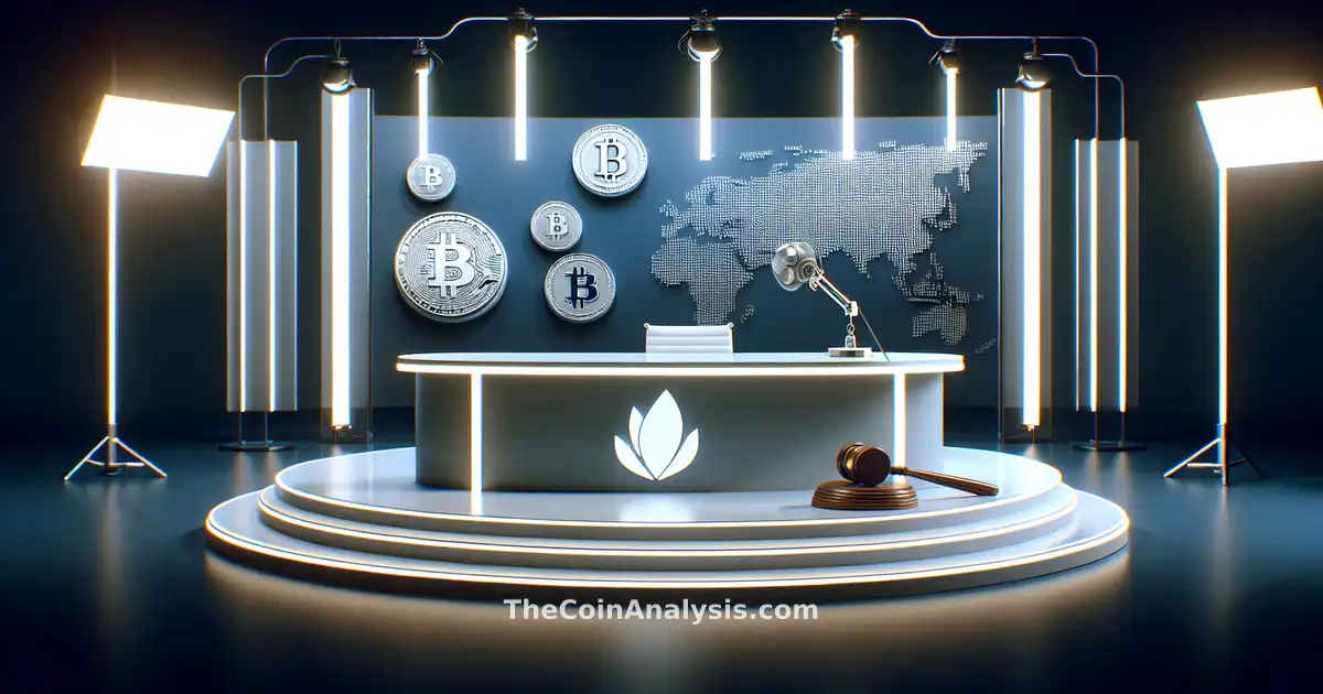 Professional news set with digital crypto coins, a judge's gavel, and Nevada state outline under dramatic lighting