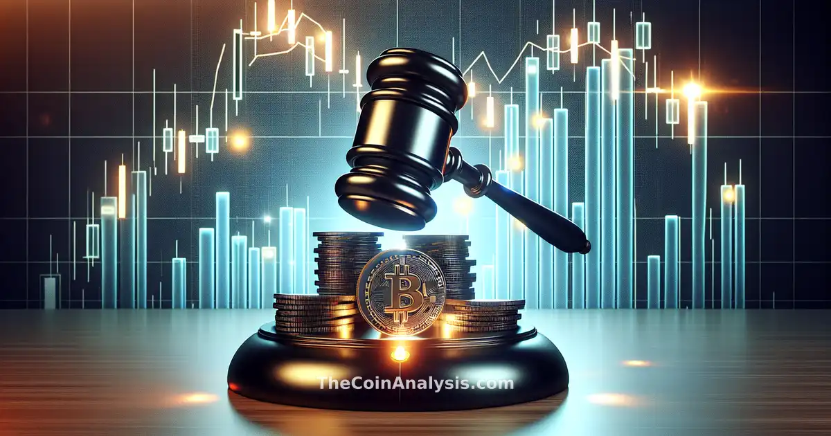 3D glossy gavel striking blockchain coins with glowing candlestick chart in background under dramatic lighting