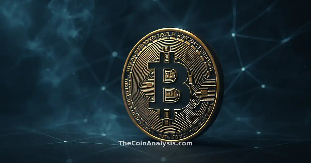 Stylized Bitcoin coin with golden rim light amid glowing network filaments and smoky, moody blue-grey backdrop