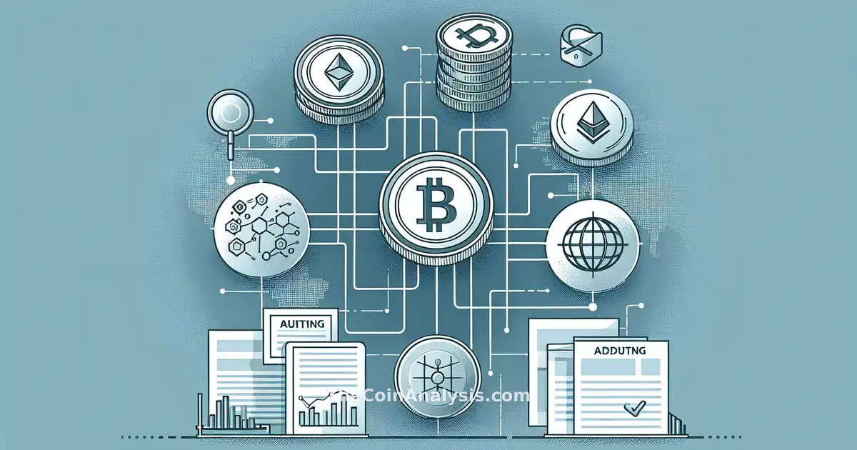 Infographic showing Tether coins linked to auditing documents and Big Four firm logos symbolizing transparency.