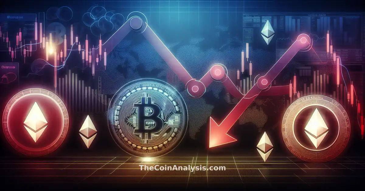 Bitcoin and Ethereum icons falling against digital charts with red liquidation alerts on a blue tech gradient background