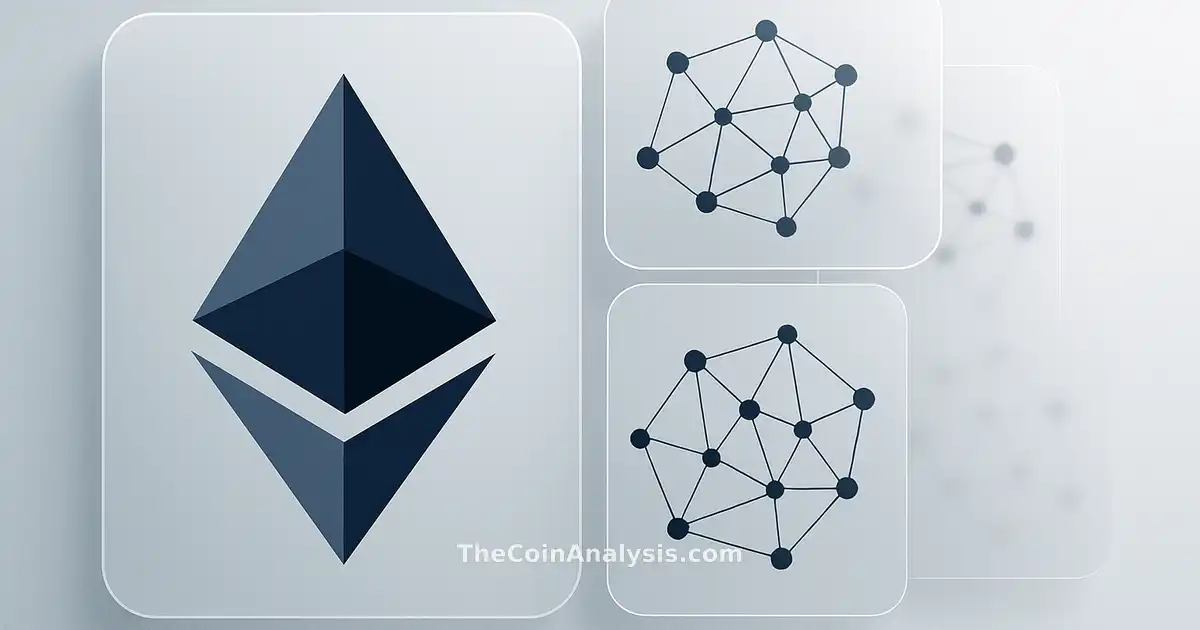 Abstract Ethereum coin with fading network nodes over translucent glassmorphic cards symbolizing decline and exit