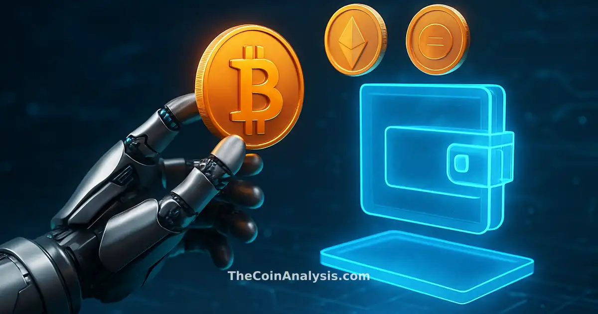 Futuristic robotic arm transferring digital crypto coins to a glowing holographic crypto wallet on tech background