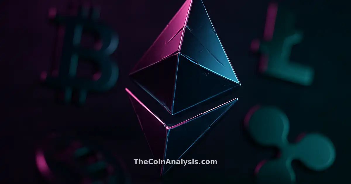 Glossy 3D Ethereum diamond glyph with ether-blue accents and fragmented edges on dark plum and emerald background