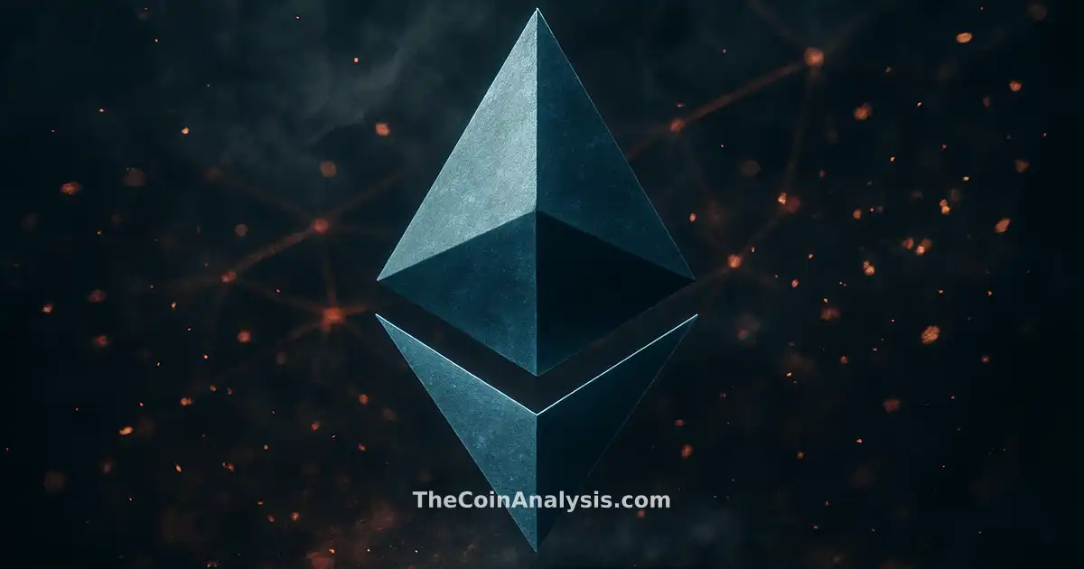 Stylized glowing ether-blue Ethereum diamond with shimmering fragments and smoky crimson-charcoal background.