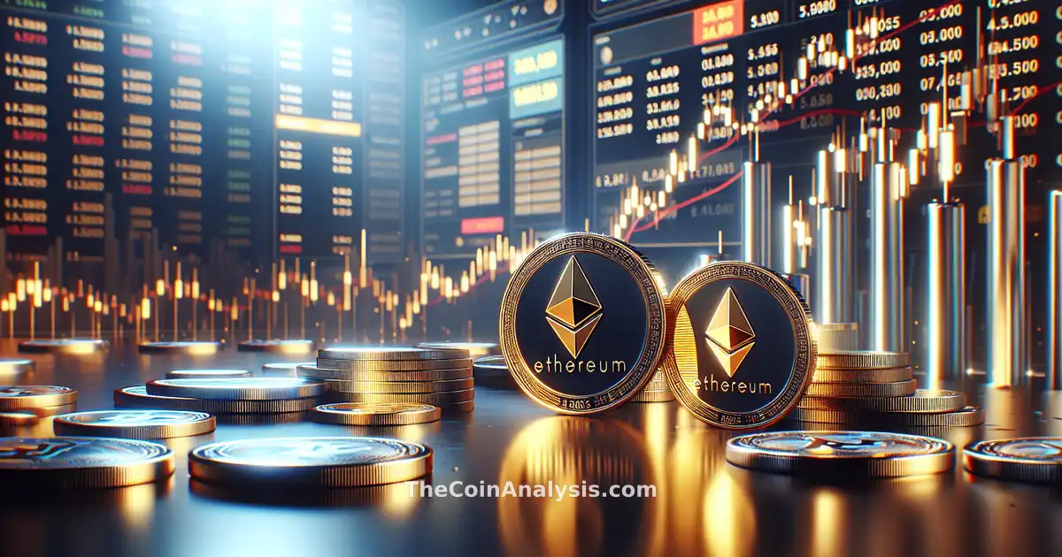 3D glossy Ethereum coins with high-contrast rim lighting overlaid on sharp candlestick trading charts