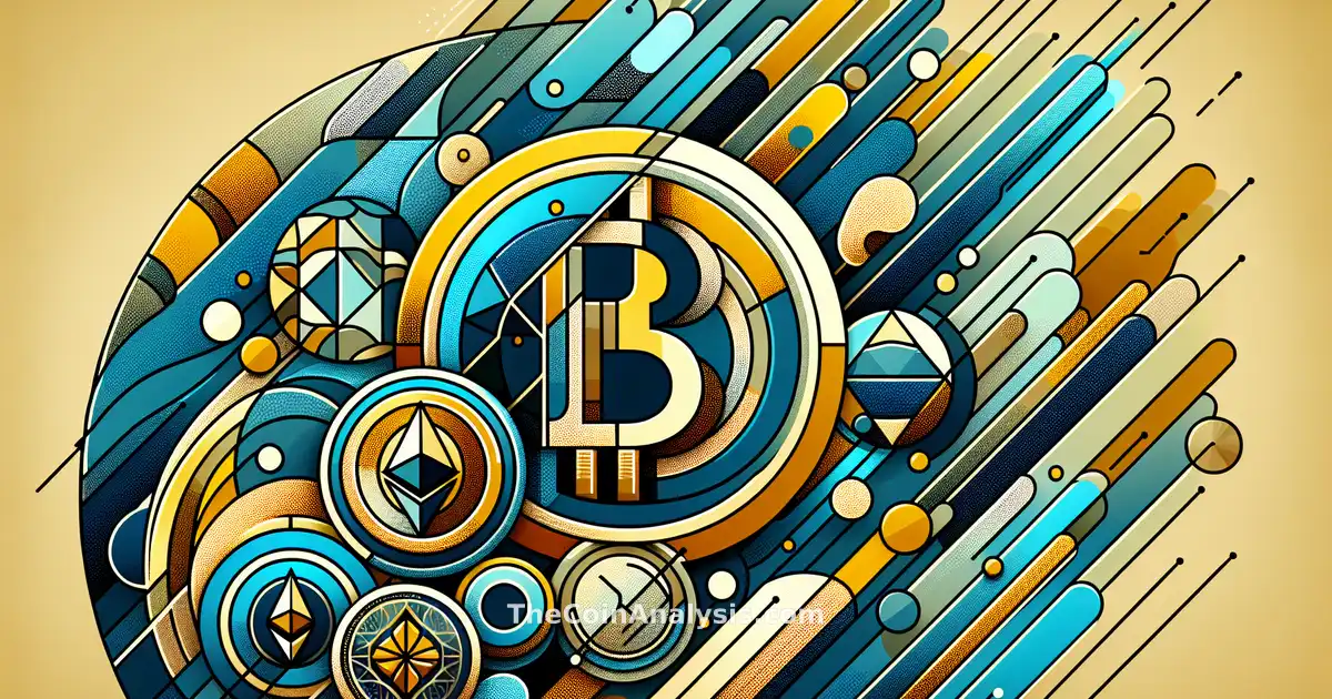 Abstract geometric shapes in blue, gold, and silver symbolizing Bitcoin, Ethereum, and Cronos coins with a tech vibe