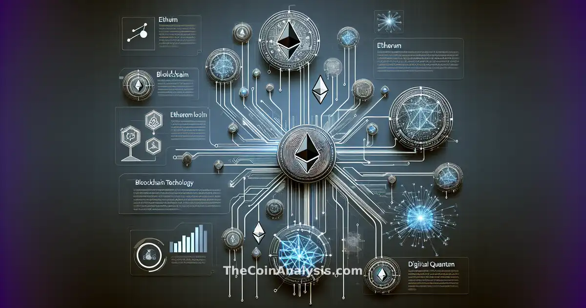 Sleek infographic of Ethereum logos branching into seven paths with quantum and blockchain digital motifs.