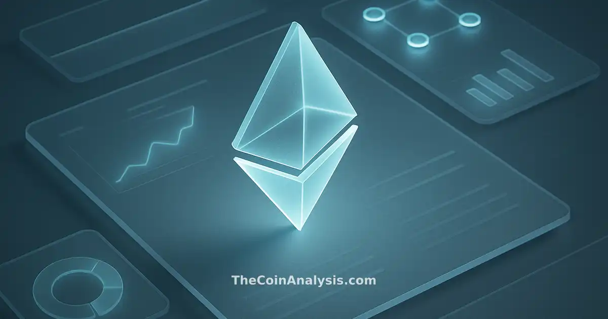Isometric Ethereum diamond in frosted blue glass surrounded by glowing staking nodes and abstract charts