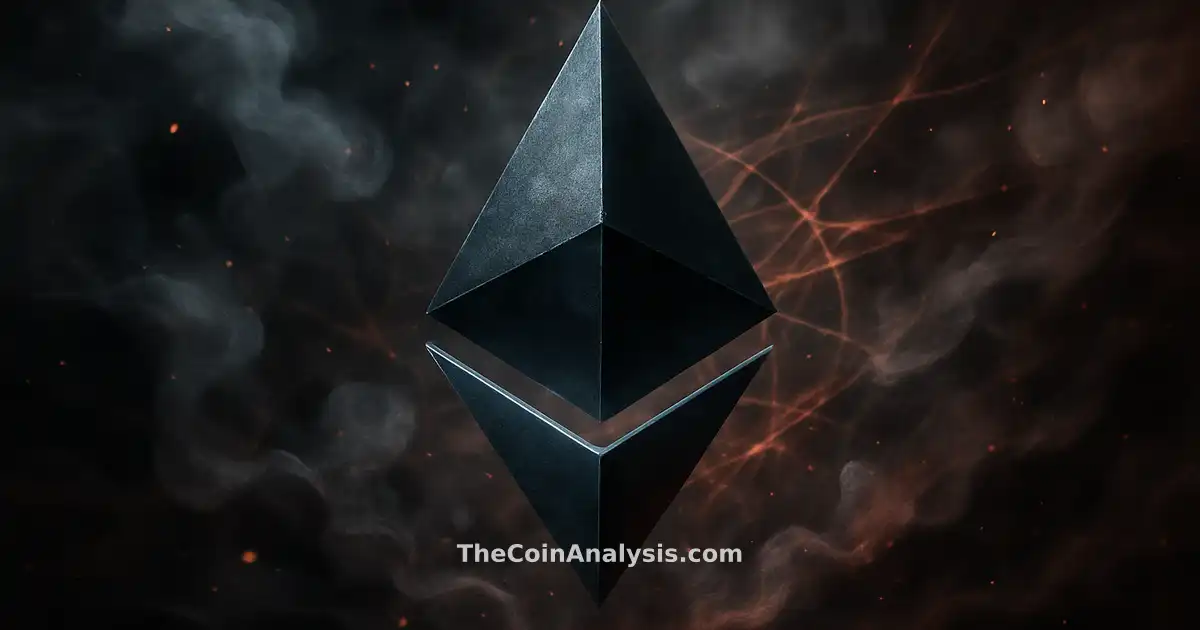 Stylized glowing Ethereum diamond with ether-blue edges amid swirling crimson smoke and dynamic light particles.