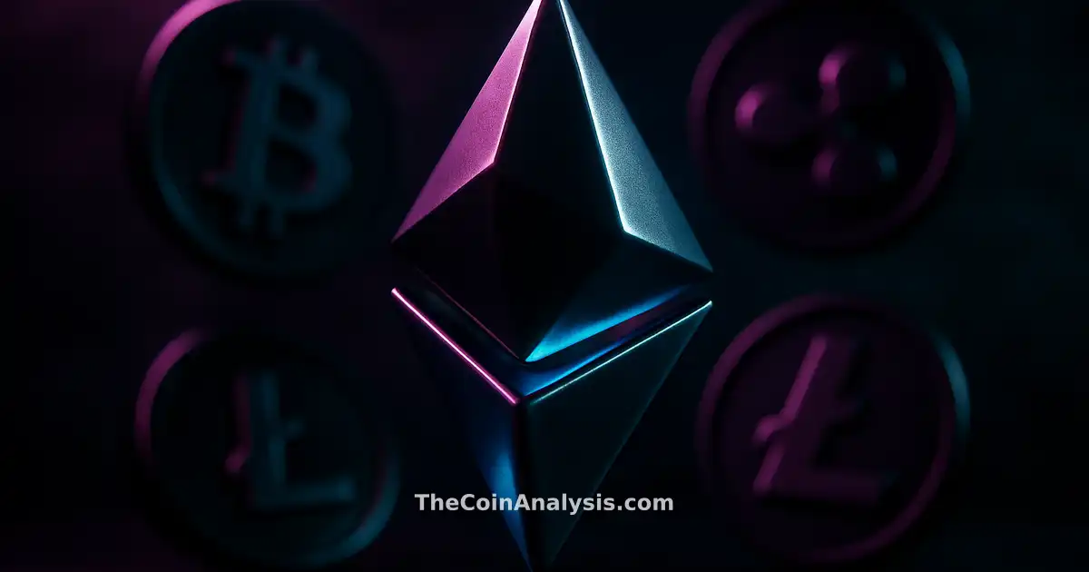 3D glossy Ethereum diamond glyph with glowing blue accents, set against a dark plum and emerald backdrop with soft bokeh.