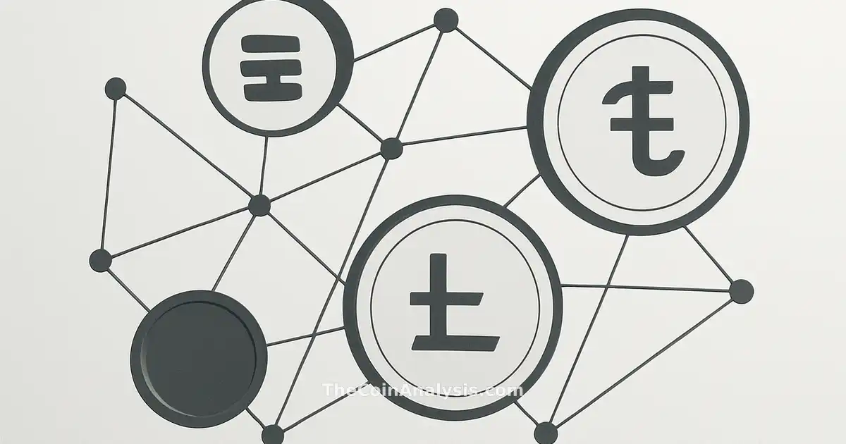 Abstract digital coins connected by network lines with subtle lari (₾) symbols and GELT text overlays