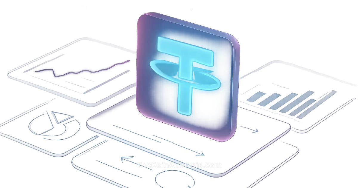 Isometric digital illustration of a glowing semi-transparent Tether token surrounded by holographic payment flows and market candles