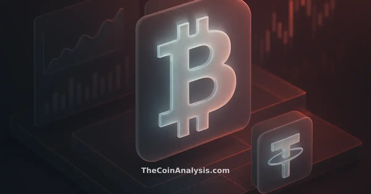 Isometric digital visualization featuring frosted-glass Bitcoin and Tether symbols with holographic market charts.