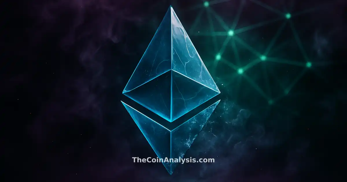 Stylized ether-blue glass Ethereum diamond glyph, fractured and dissolving, set against glowing network filaments.