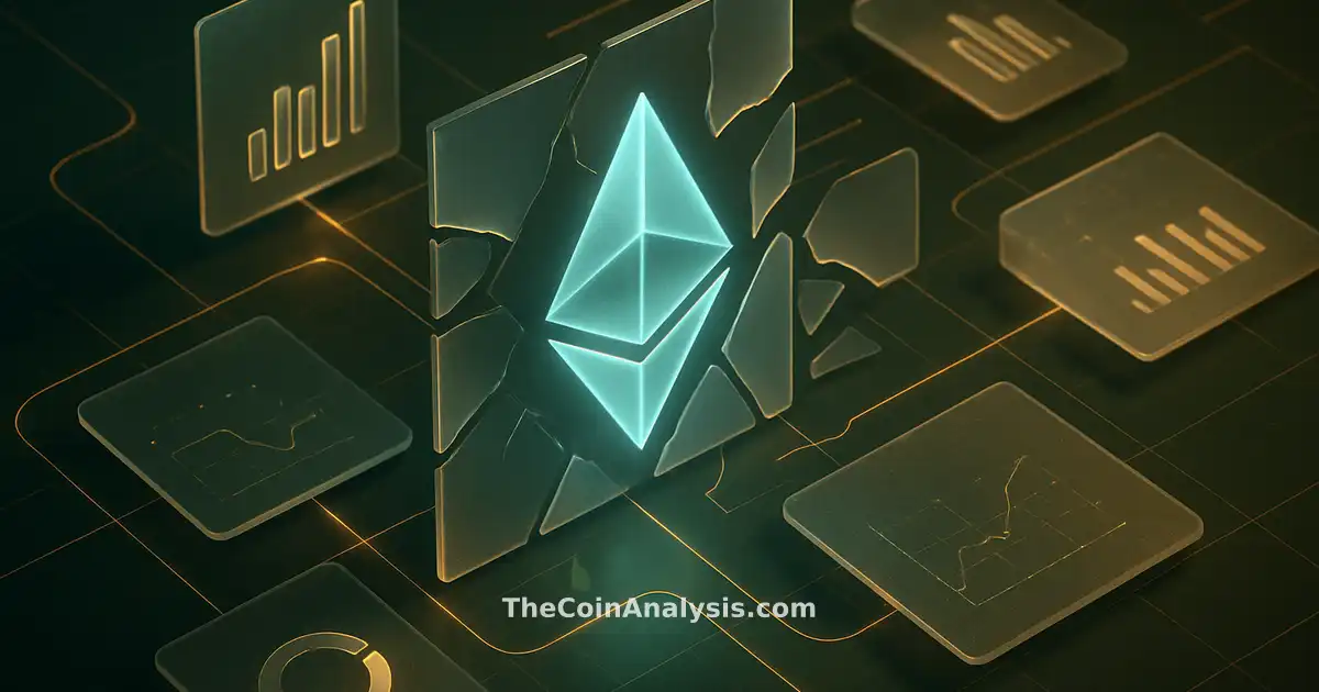 Isometric Ethereum diamond glyph glowing ether-blue amid fragmented frosted-glass shards and golden data flows