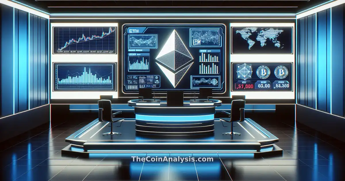 Newsroom with digital screens displaying Ethereum logos, financial charts, and stock market tickers conveying crypto updates