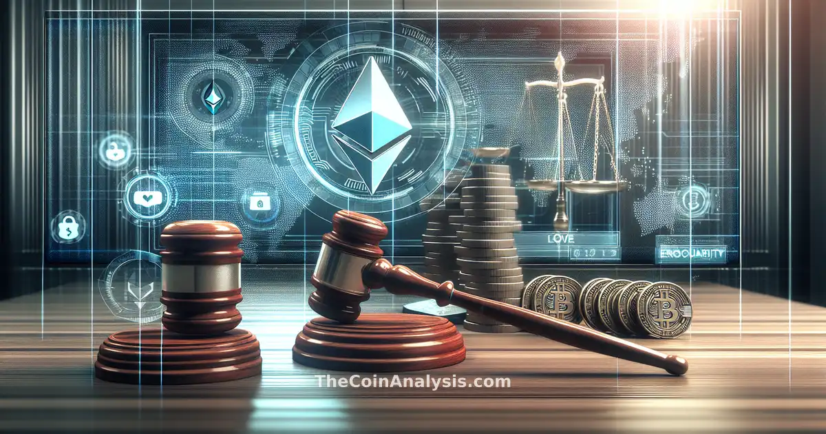 News studio with digital Ethereum coins, judge’s gavel, and security icons highlighting urgent crypto recovery.