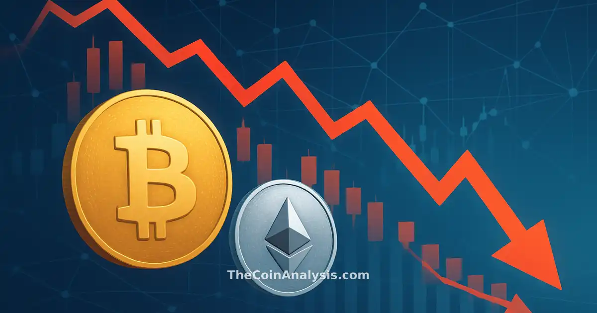 Abstract digital Bitcoin and Ethereum coins with downward graphs and network lines representing major ETF outflows