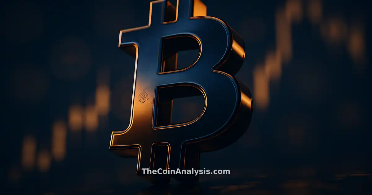 3D glossy Bitcoin symbol illuminated by sharp rim light with blurred market candlesticks in deep navy and amber tones