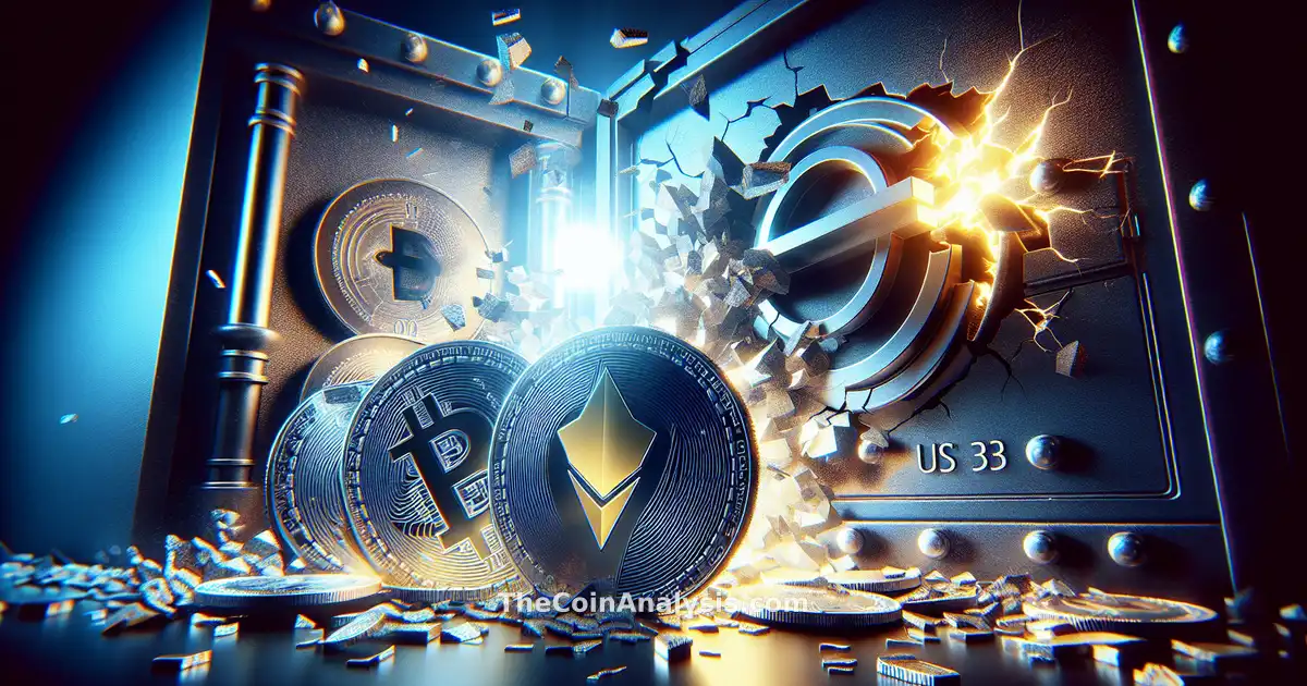 Digital image of Tether and USDC coins amid a shattered vault with intense lighting highlighting urgency and crisis