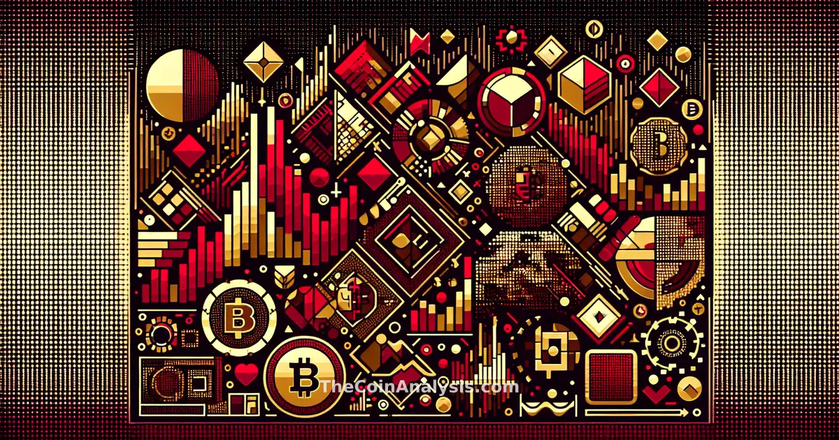 Abstract red and gold geometric shapes with a digital coin and interconnected DeFi network nodes symbolizing volatility.